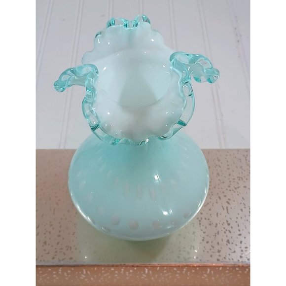 FENTON AQUA POWDER BLUE BUBBLE OPTIC FLUTED TOP CRESTED OVERLAY VASE RUFFLED - Picture 3 of 11